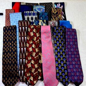 Lot of Ties. Most are silk. Bundle of 20. Assorted colors, brands and patterns.